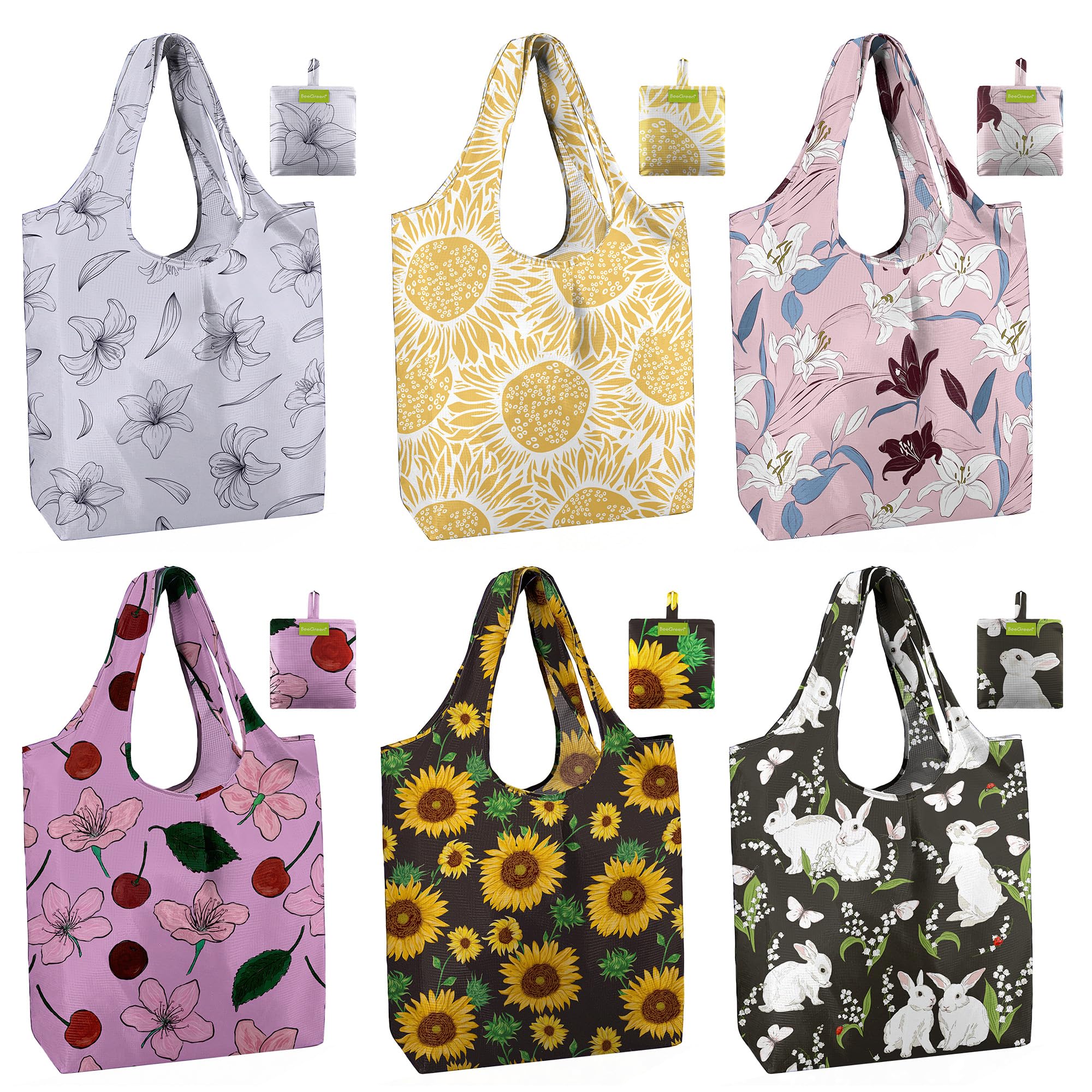 BeeGreen Christmas Reusable Gift Bags,6 Pack Large Holiday Tote Foldable Cloth Bag for Women, Cute Grocery Storage for Xmas Gifts Market Shopping, Washable Collapsible Reusable Bags with Handles